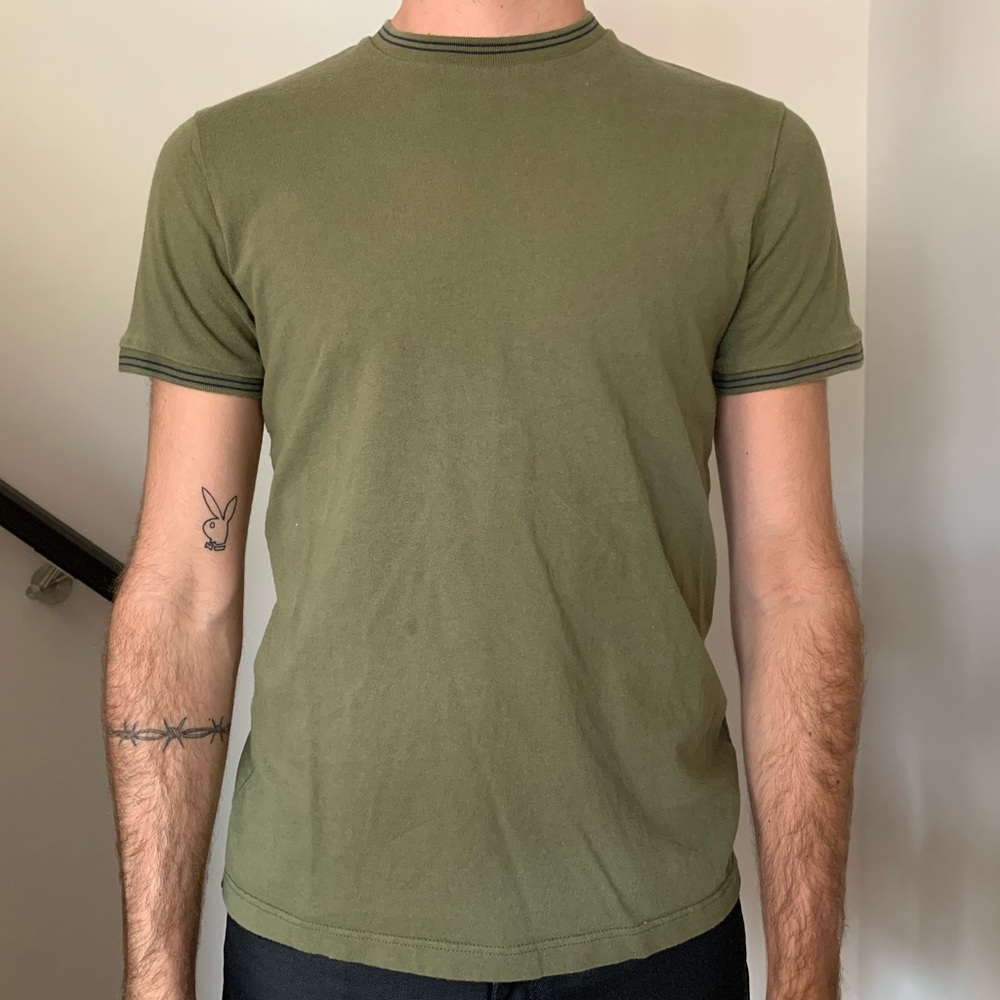 TOPMAN Slim Green T-Shirt, Navy stripe trim